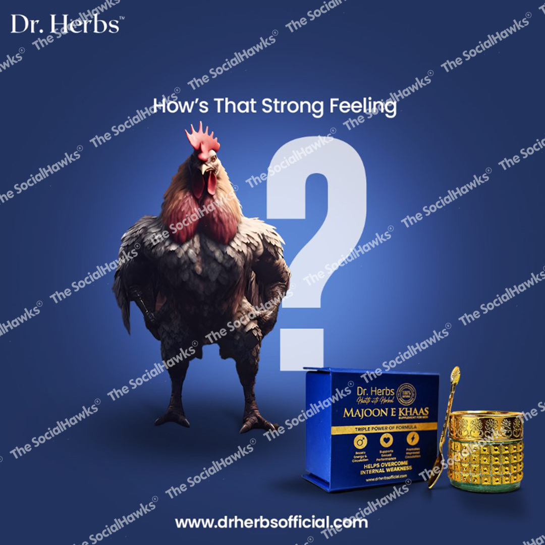 Dr Herbs Majoon E Khaas strong feeling ad with rooster illustration on blue background